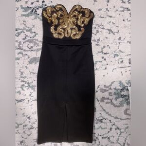 Lipsy Strapless Black Dress with Gold Detailing